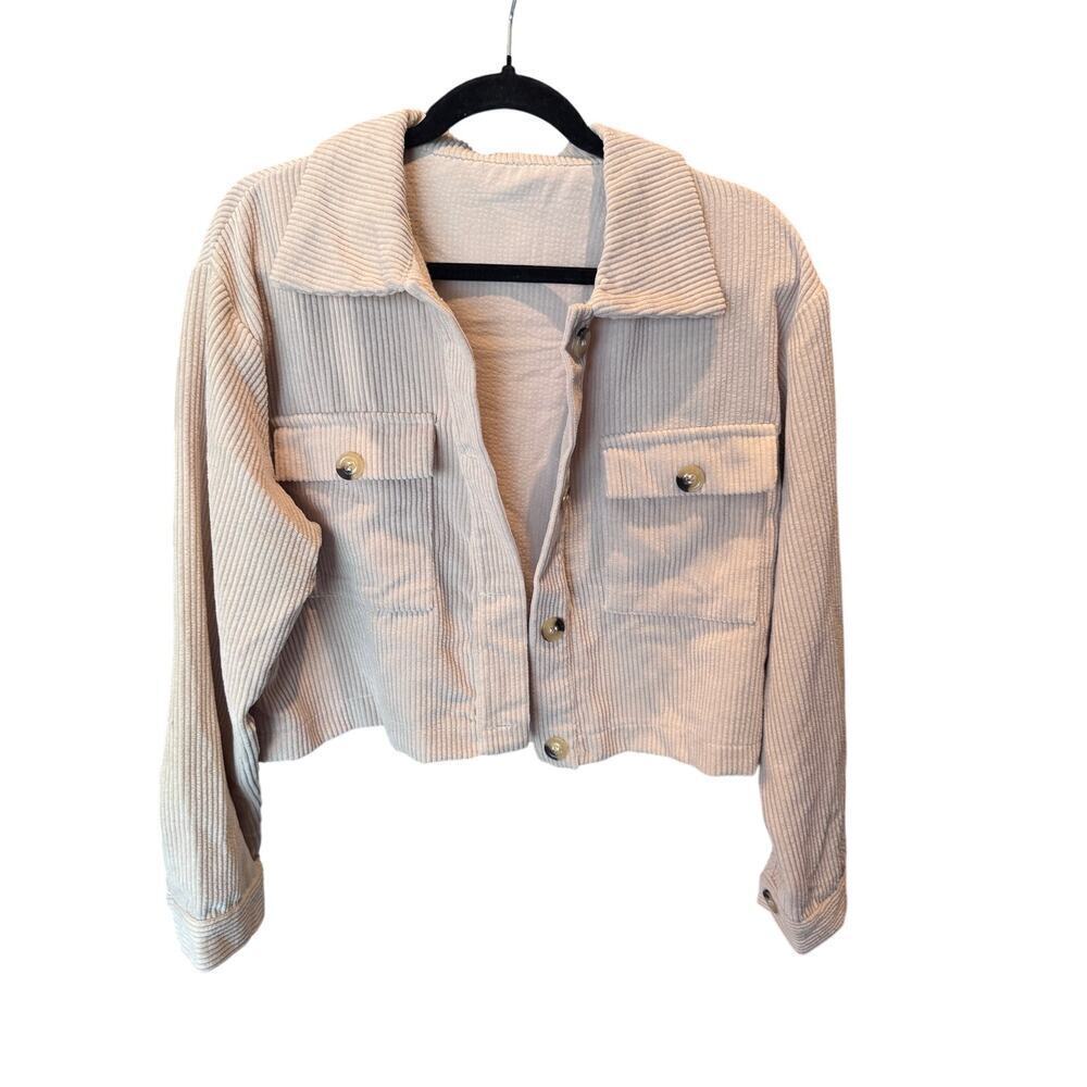 Beige Corduroy Cropped Jacket Womens Large Shacket Button Front Utility Style